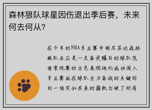 森林狼队球星因伤退出季后赛，未来何去何从？