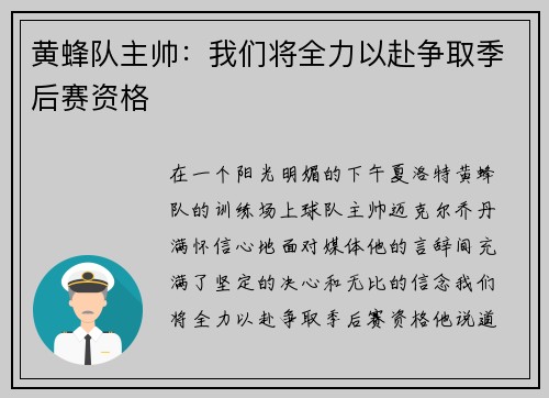 黄蜂队主帅：我们将全力以赴争取季后赛资格